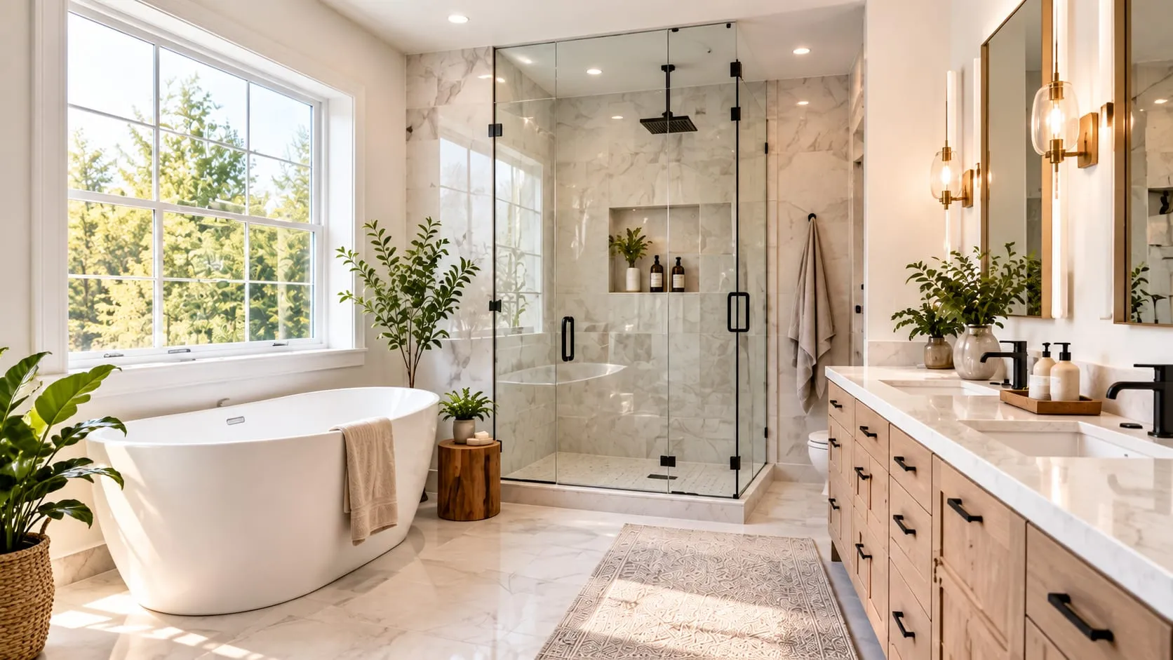 Bright bathroom with a freestanding tub, a glass walk-in shower and a wood double vanity
